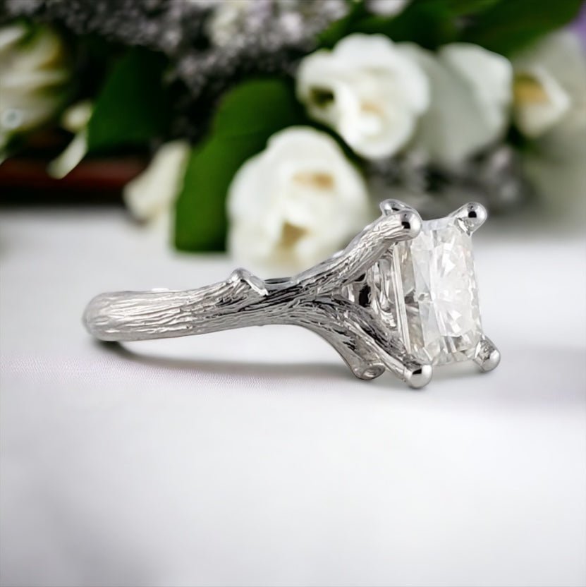 1.5ct Radiant Cut Moissanite Diamond Twig Style Wedding or Engagement Ring - DV Jewelry Designs