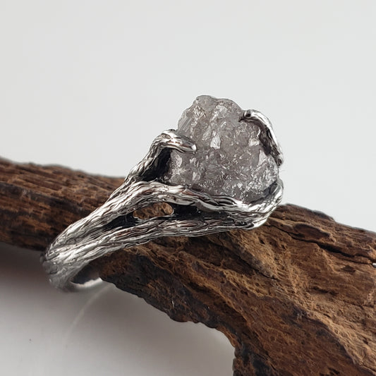 Raw Diamond Ring in Antiqued White Gold – Handmade Rustic Twig Engagement Ring
