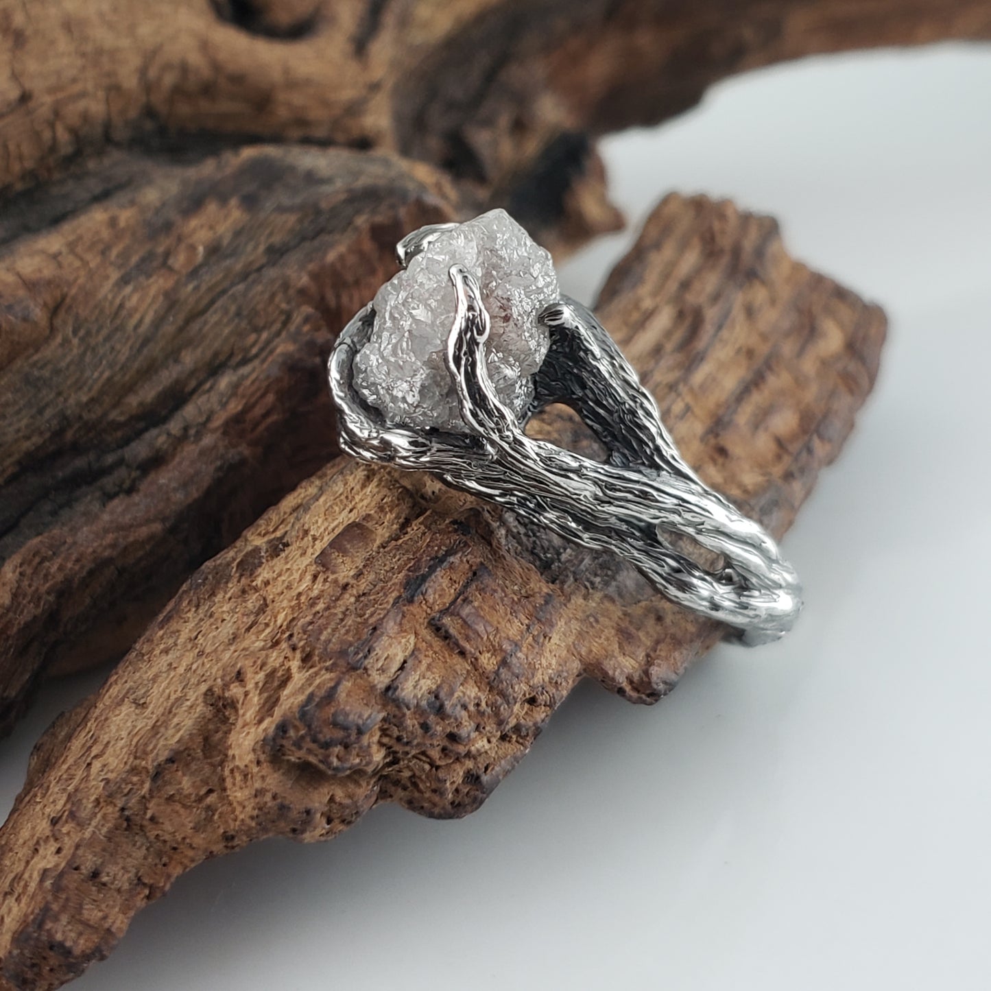 Raw Diamond Ring in Antiqued White Gold – Handmade Rustic Twig Engagement Ring