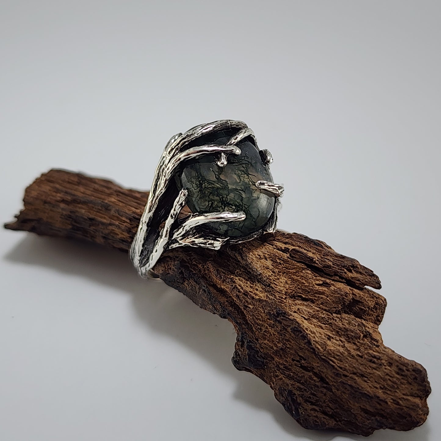 Oval Moss Agate Cabochon Gemstone Ring