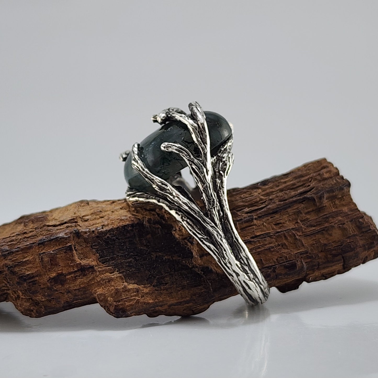 Oval Moss Agate Cabochon Gemstone Ring