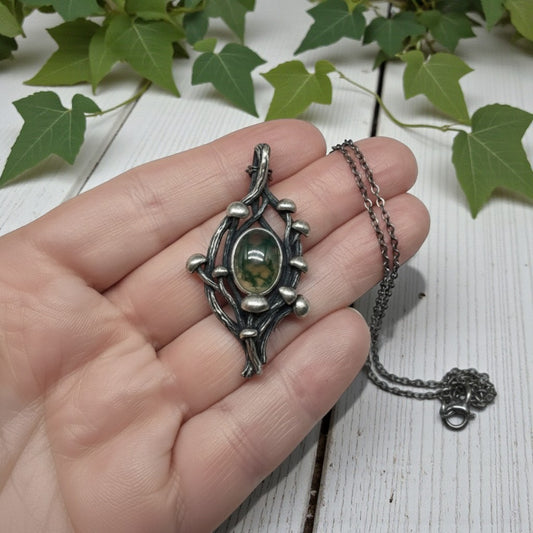 Moss Agate Mushroom Branch Style Sterling Silver Pendant