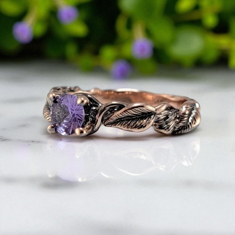 Purple Tanzanite, Leaf and Vine Engagement Ring