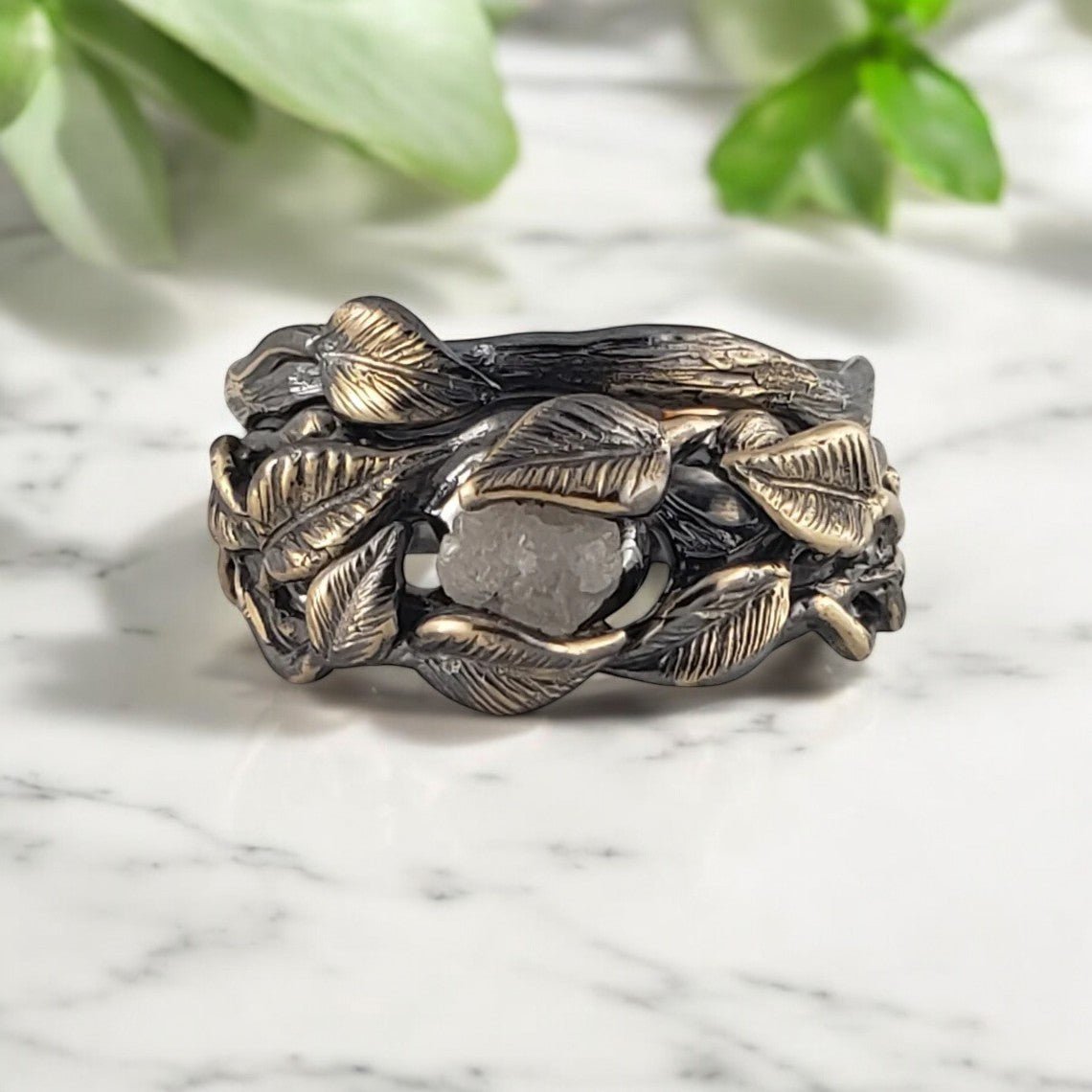 Black Rhodium Raw Diamond Leaf & Branch Wedding Set (2 Rings) - DV Jewelry Designs