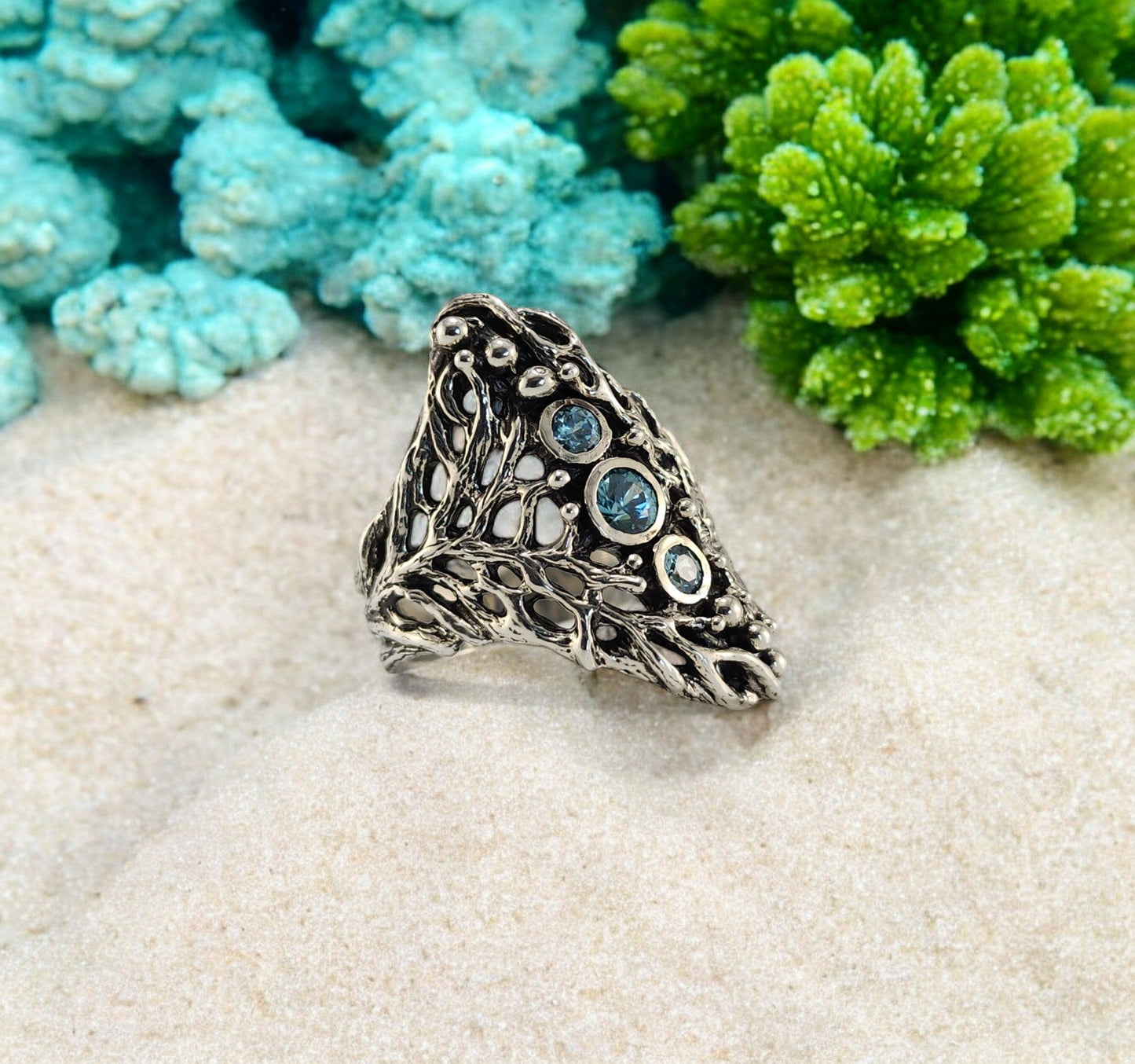 Blue Natural Zircons Gemstones in a Sterling Silver Sea Fan Coral Hand - sculpted Ring - DV Jewelry Designs