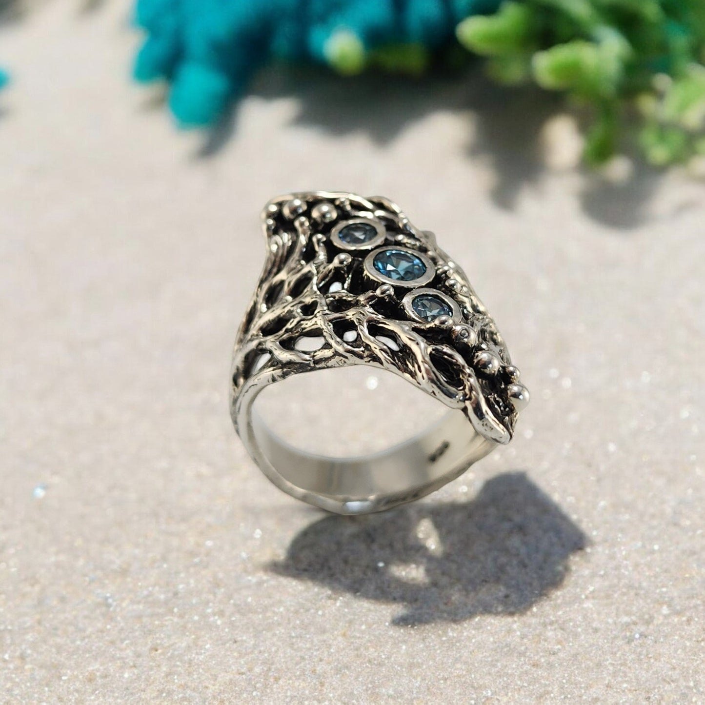 Blue Natural Zircons Gemstones in a Sterling Silver Sea Fan Coral Hand - sculpted Ring - DV Jewelry Designs