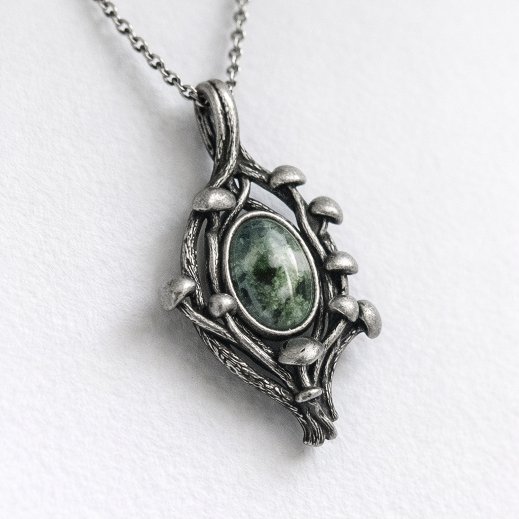 Silver pendant with mushrooms and a green moss agate stone on a white background