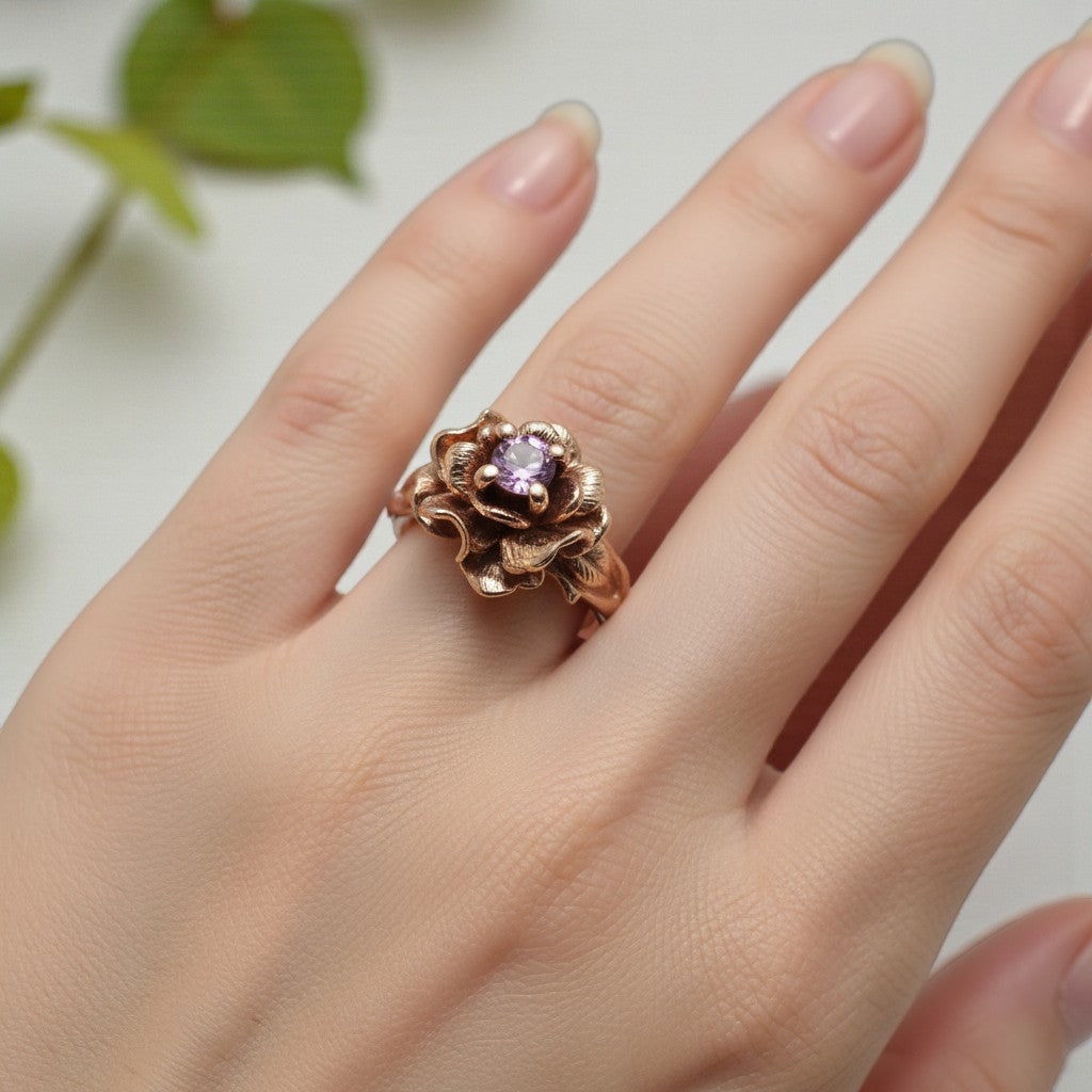 Pink Sapphire Rose Ring in Solid Gold