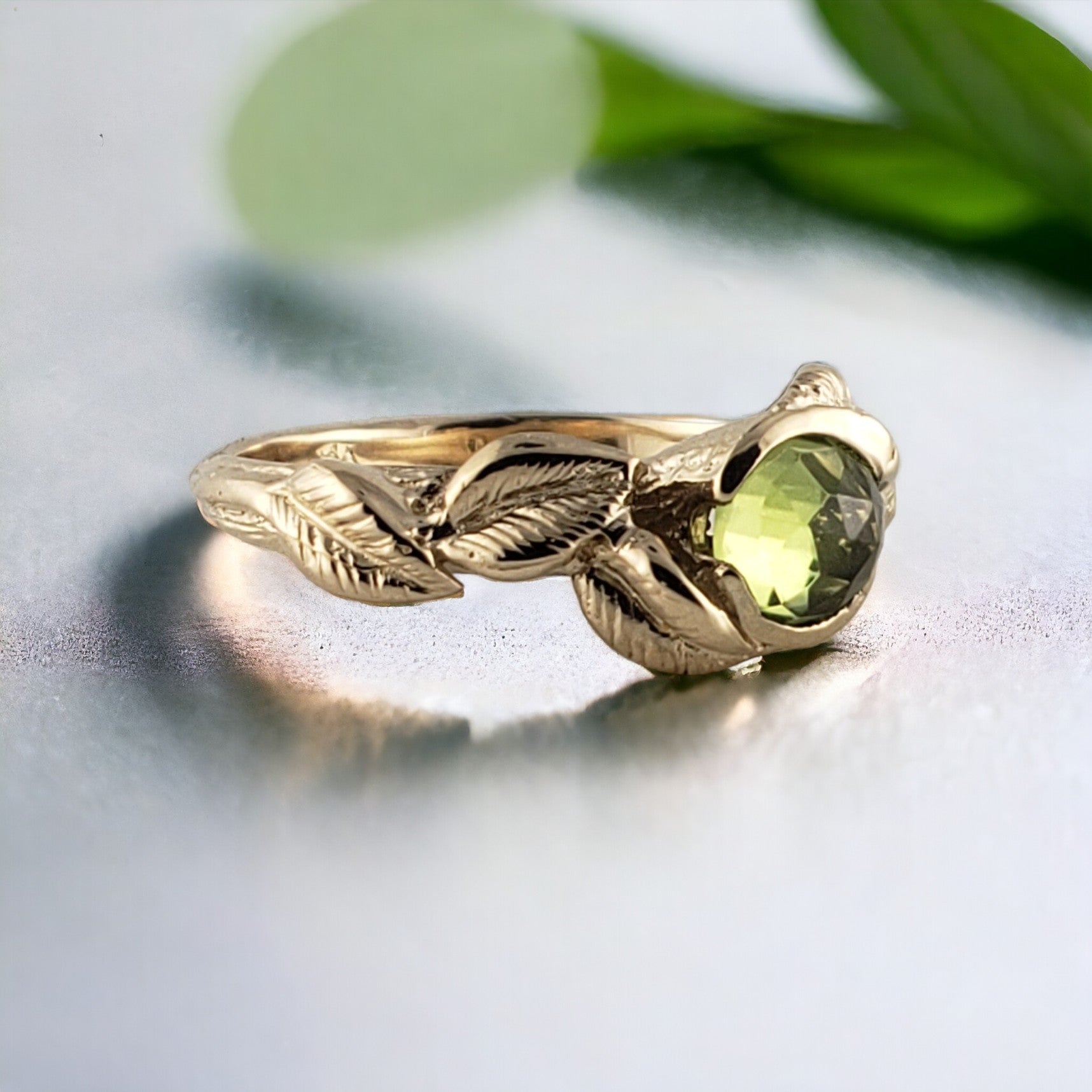 Rose Cut Peridot Leaf Ring - DV Jewelry Designs