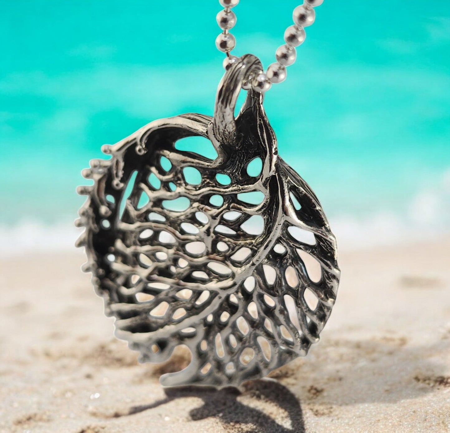 Handmade Coral Sea Fan Silver Pendant with Tiny Sea Bubbles - DV Jewelry Designs