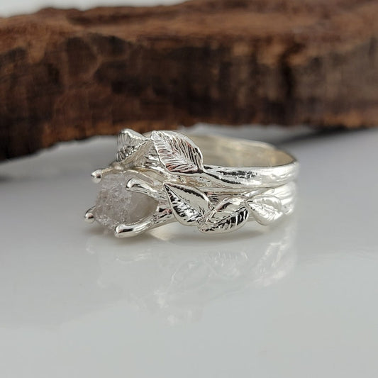 Sterling Silver Leaf and Twig Raw Diamond Ring