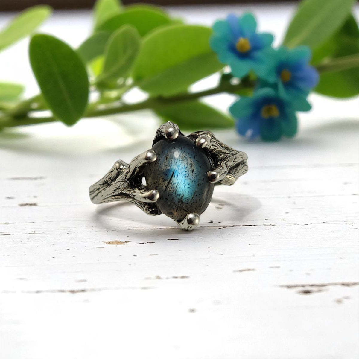 Labradorite Gemstone Silver Twig Ring - DV Jewelry Designs