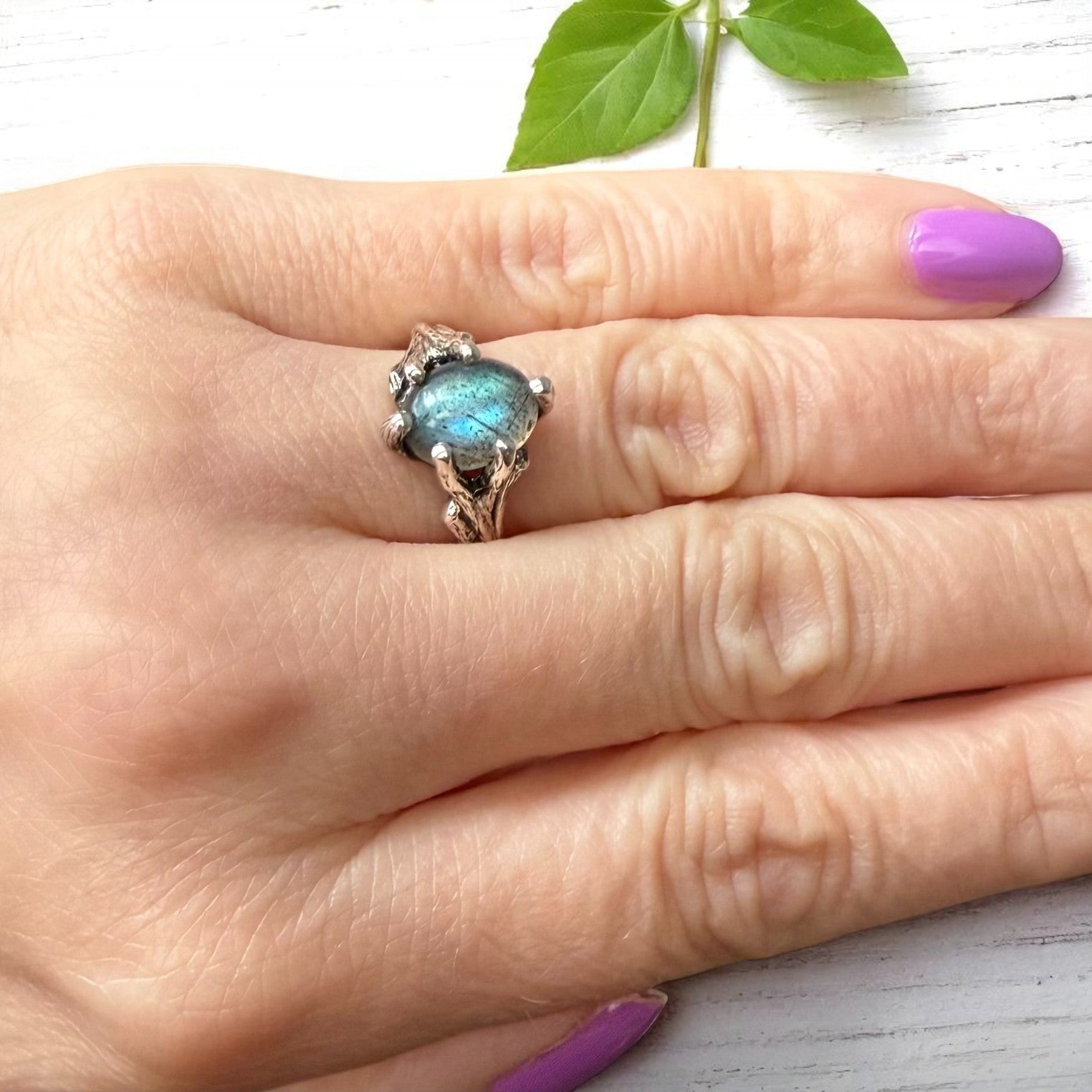 Labradorite Gemstone Silver Twig Ring - DV Jewelry Designs