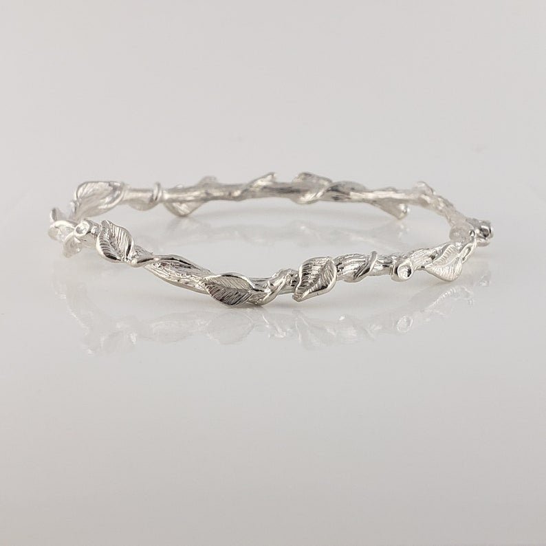 Leaf and Vine Twig Bangle Bracelet in Sterling Silver - Polished or Oxidized - by DV Jewelry Designs - DV Jewelry Designs