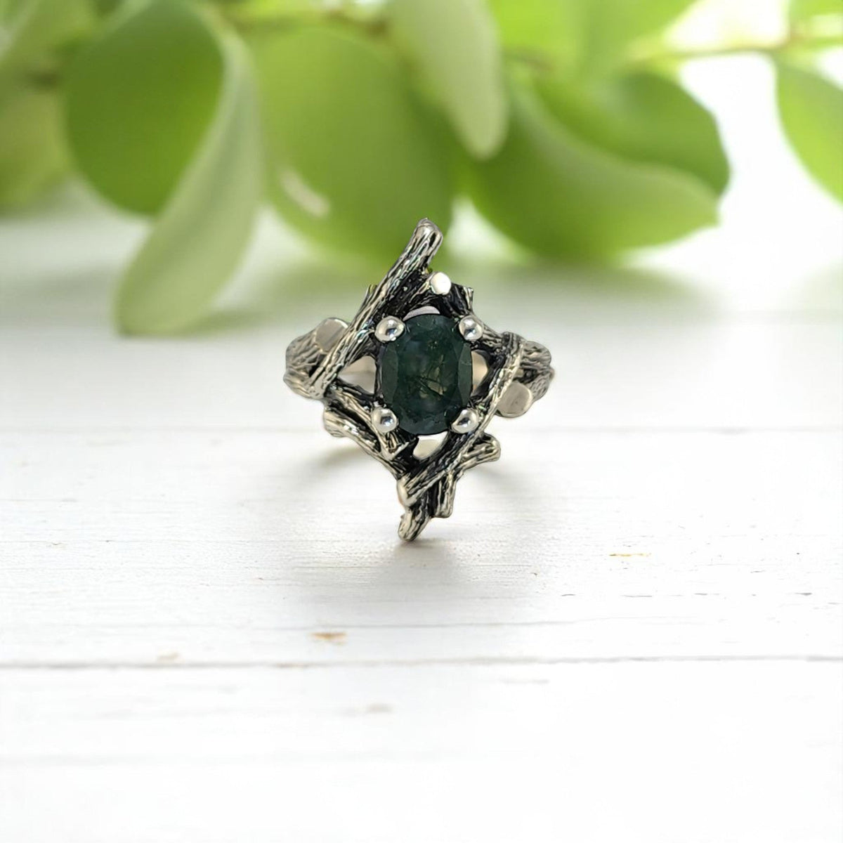 Moss Agate Gemstone Ring in Sterling Silver - DV Jewelry Designs