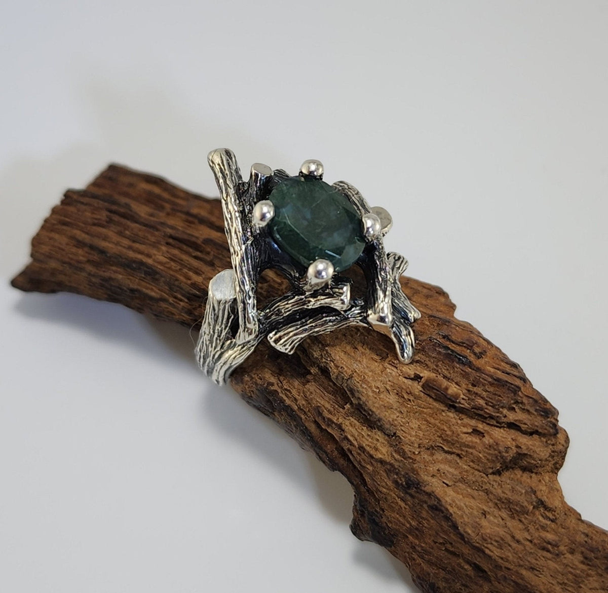 Moss Agate Gemstone Twig Textured Style Ring in Sterling Silver - DV Jewelry Designs