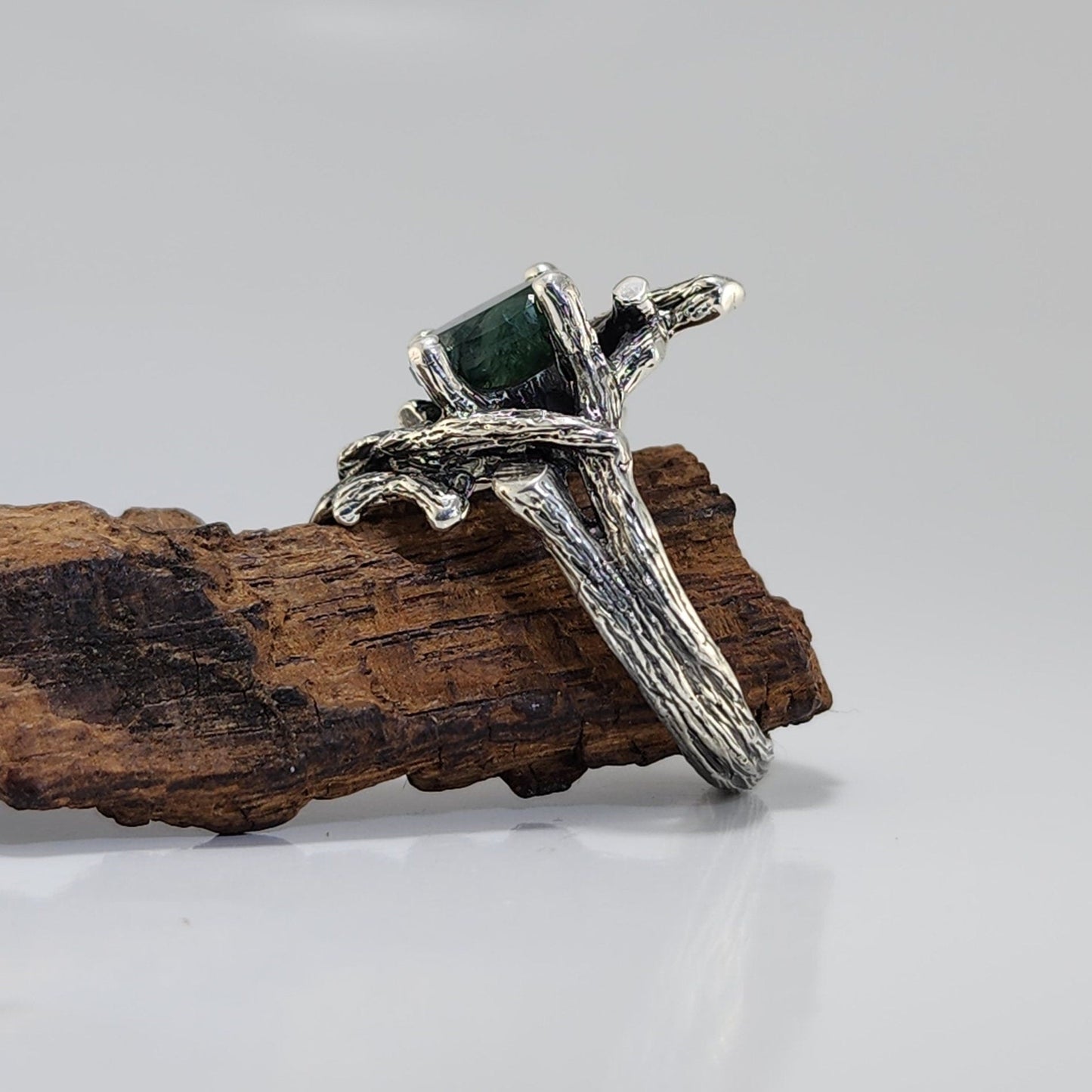 Moss Agate Gemstone Twig Textured Style Ring in Sterling Silver - DV Jewelry Designs