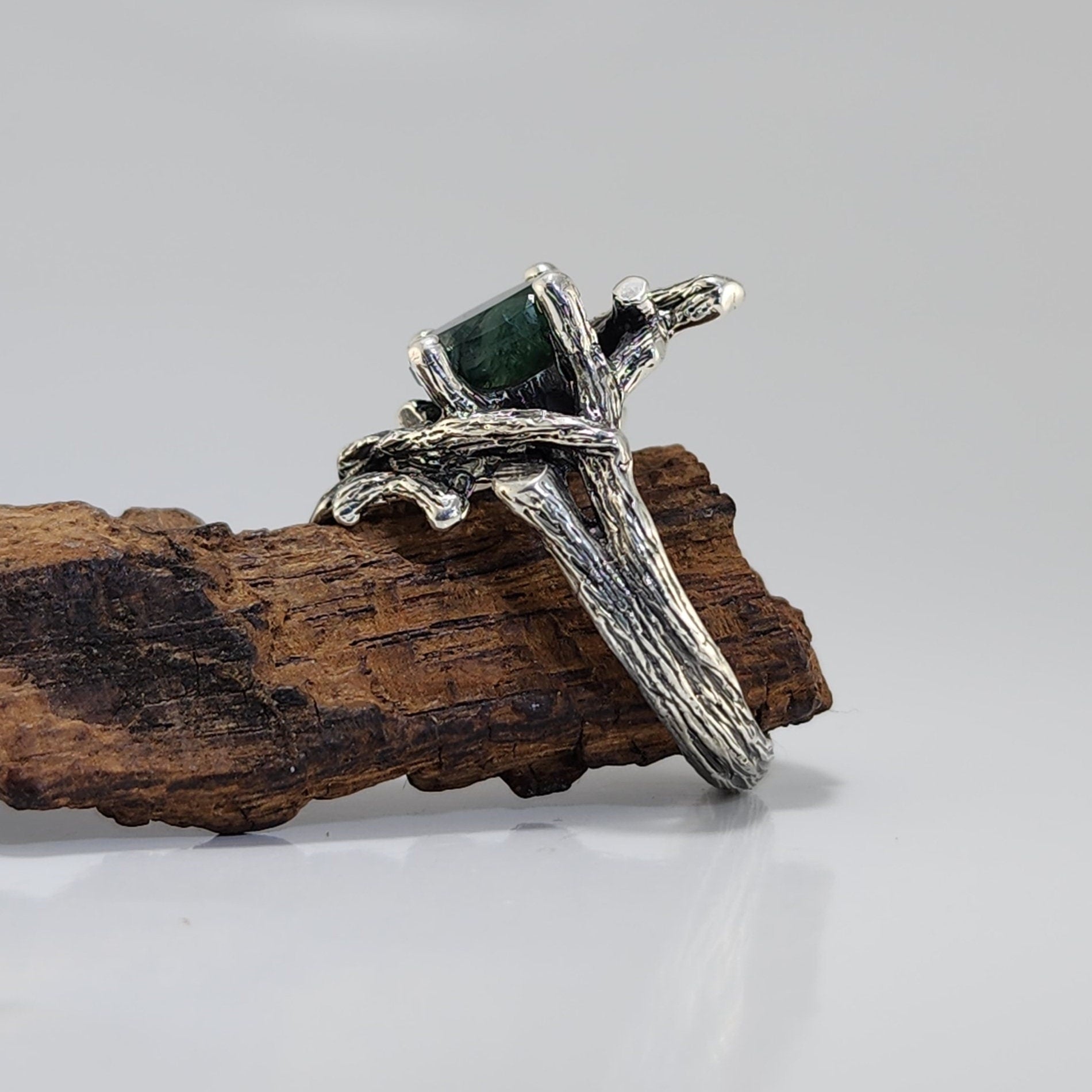 Moss Agate Gemstone Twig Textured Style Ring in Sterling Silver - DV Jewelry Designs