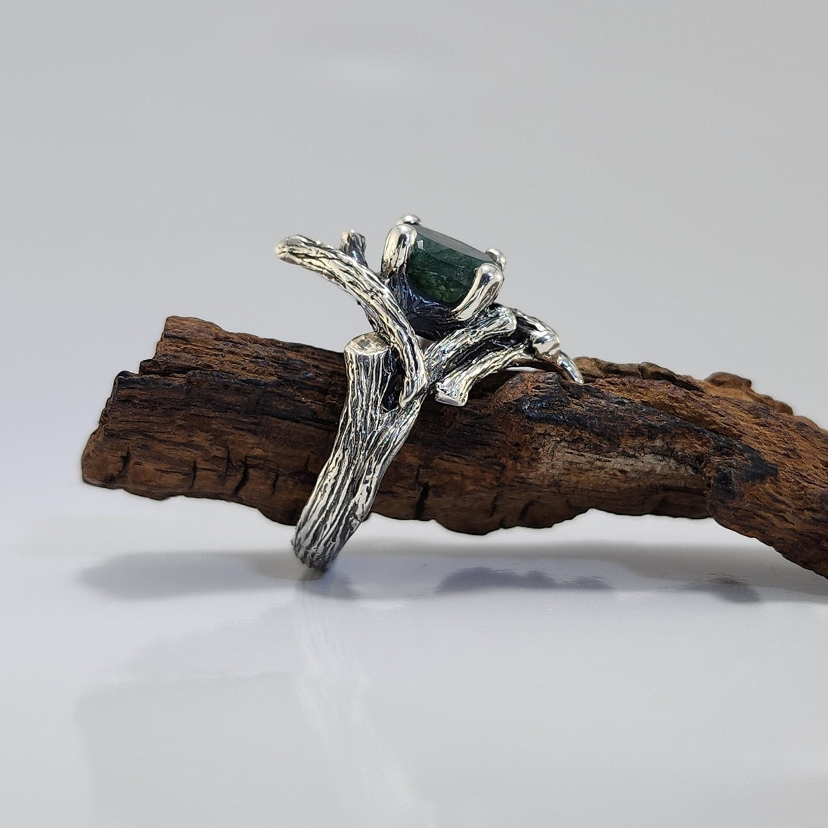 Moss Agate Gemstone Twig Textured Style Ring in Sterling Silver - DV Jewelry Designs