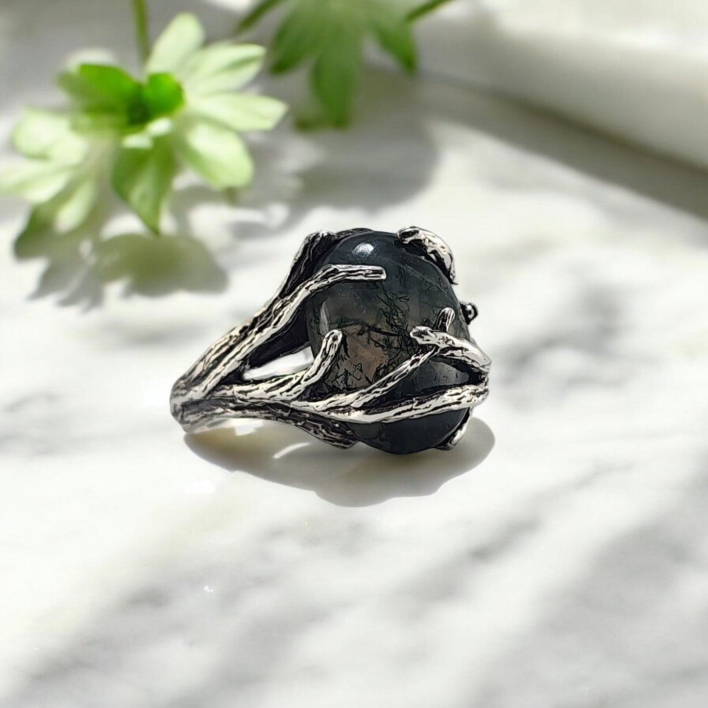 Oval Moss Agate Cabochon Gemstone Ring