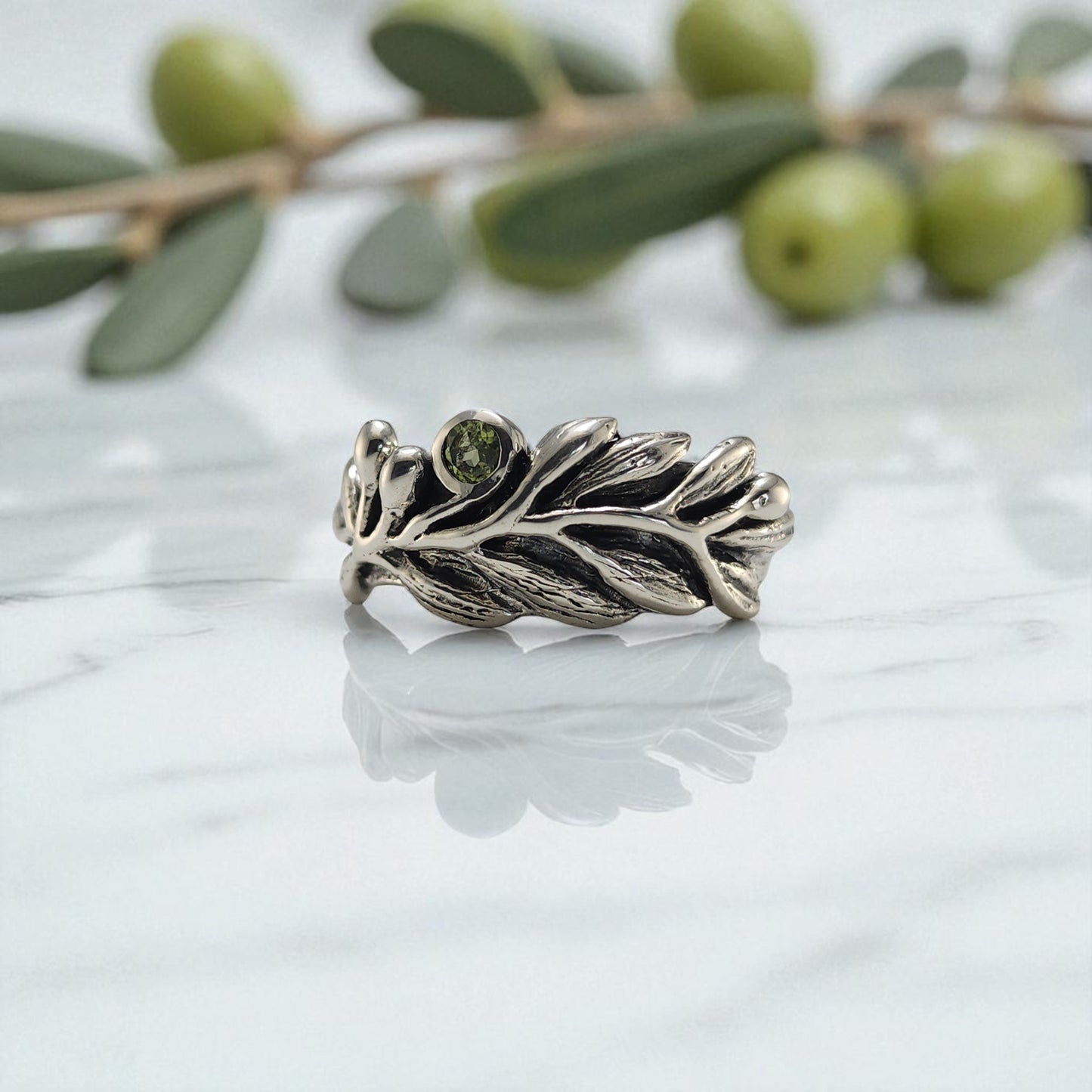 Olive Branch Ring with Round Peridot