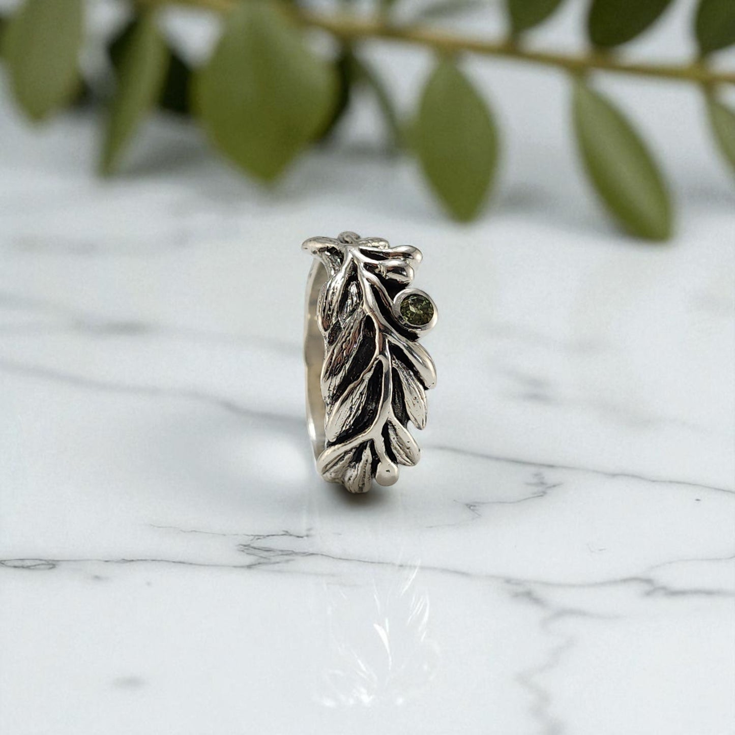 Olive Branch Ring with Round Peridot