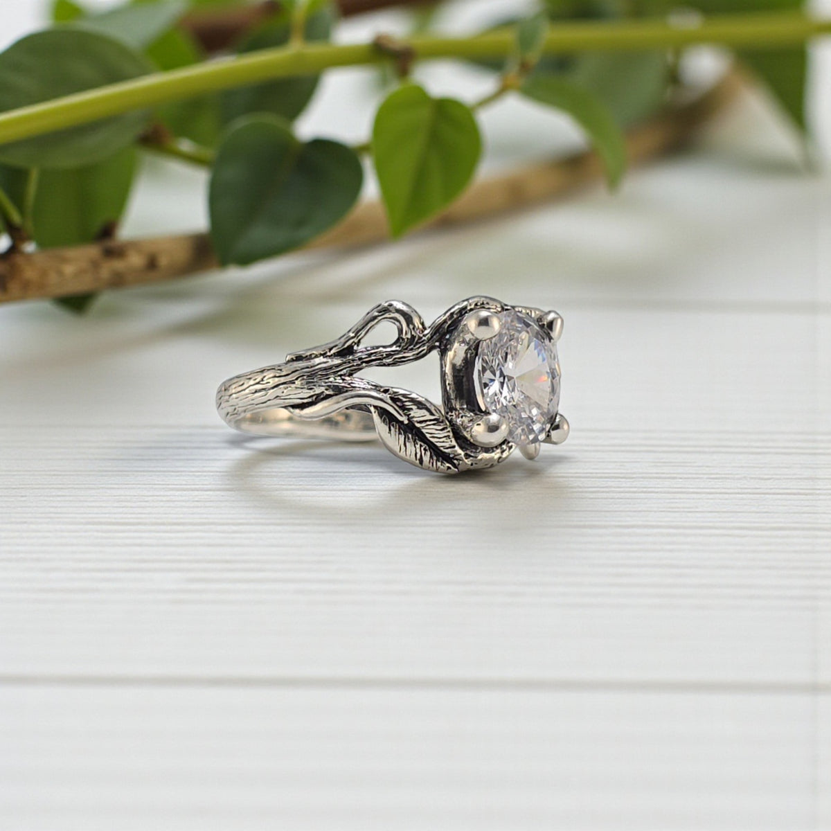 Oval Moissanite Twig Engagement Ring – Sterling Silver - DV Jewelry Designs #