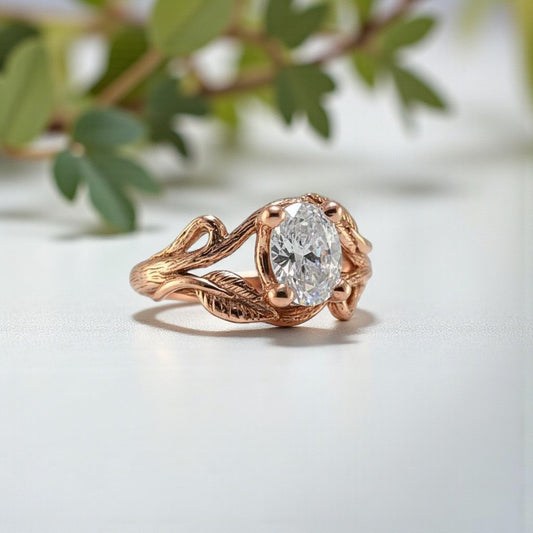 Oval Moissanite Twig Engagement Ring – Nature-Inspired Branch & Leaf Design