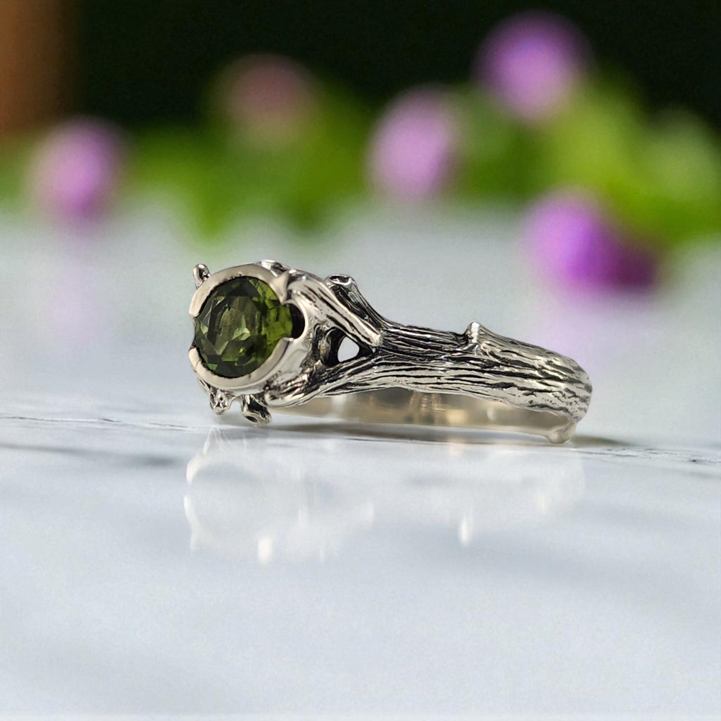 Natural Round Peridot Silver Ring