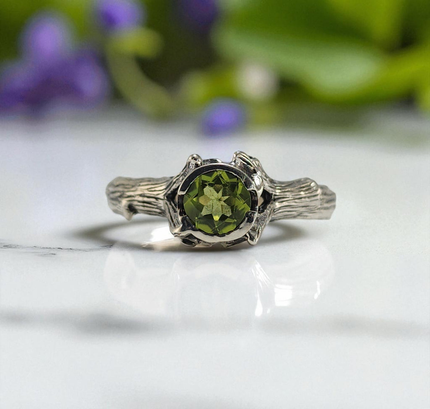 Natural Round Peridot Silver Ring