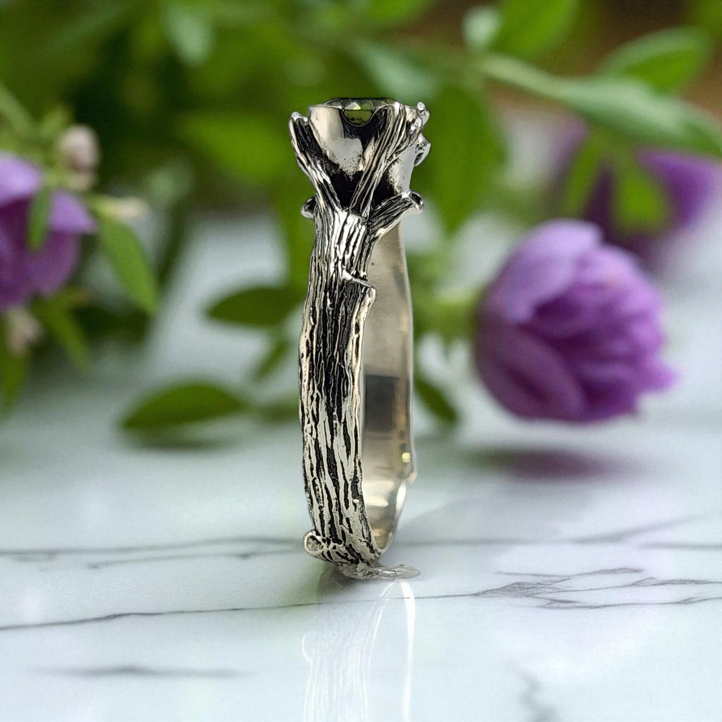 Natural Round Peridot Silver Ring