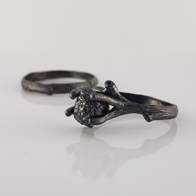 Raw Black Diamond Twig Ring Set - Ruthenium Finish - DV Jewelry Designs