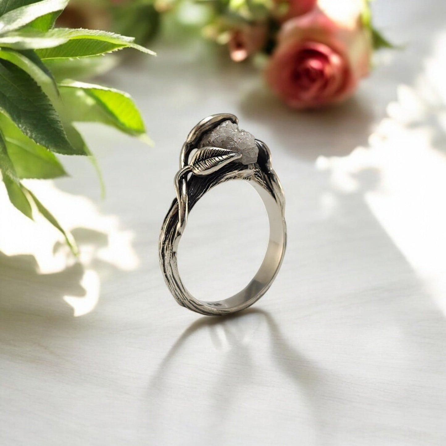 Rough Diamond Leaf Engagement Ring - DV Jewelry Designs