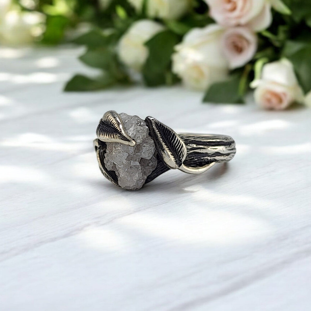 Rough Diamond Leaf Engagement Ring - DV Jewelry Designs