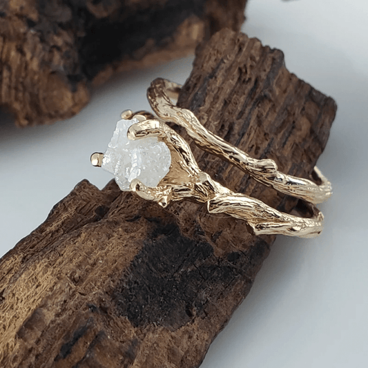 Rough Diamond Twig Engagement Bridal Set in Solid Yellow Gold - DV Jewelry Designs