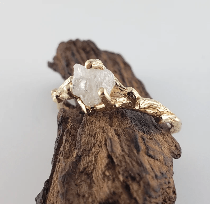 Rough Diamond Twig Engagement Bridal Set in Solid Yellow Gold - DV Jewelry Designs