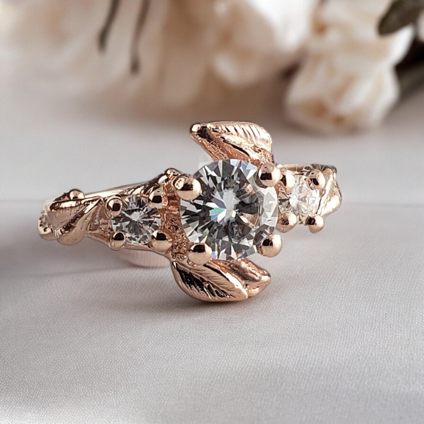 Three Moissanite Leaf & Twig Engagement Ring - DV Jewelry Designs