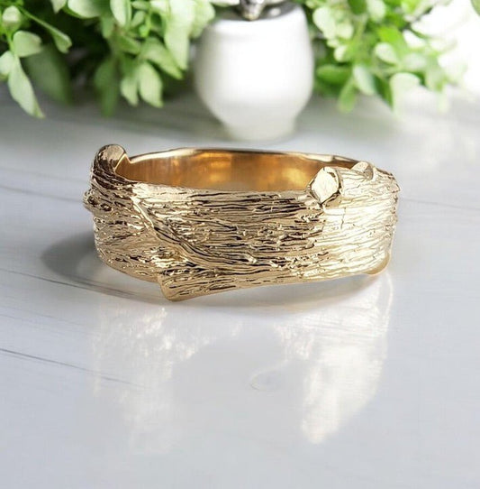 Wood Texture Branch Wedding Band in Solid Gold - DV Jewelry Designs
