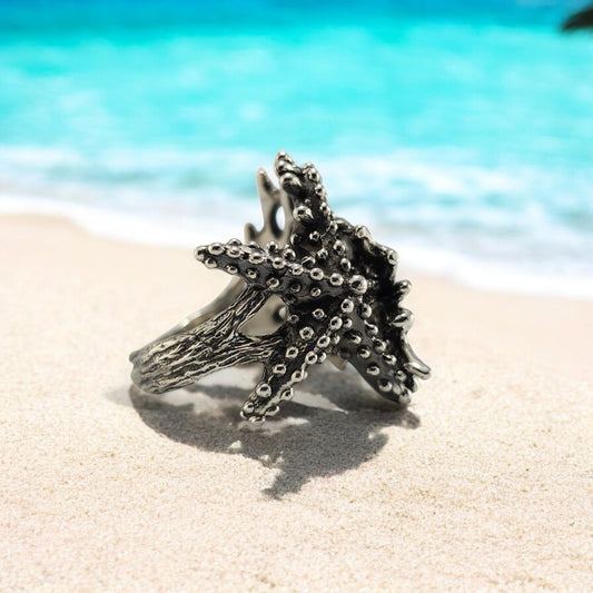 Sterling Silver Starfish & Coral Ring