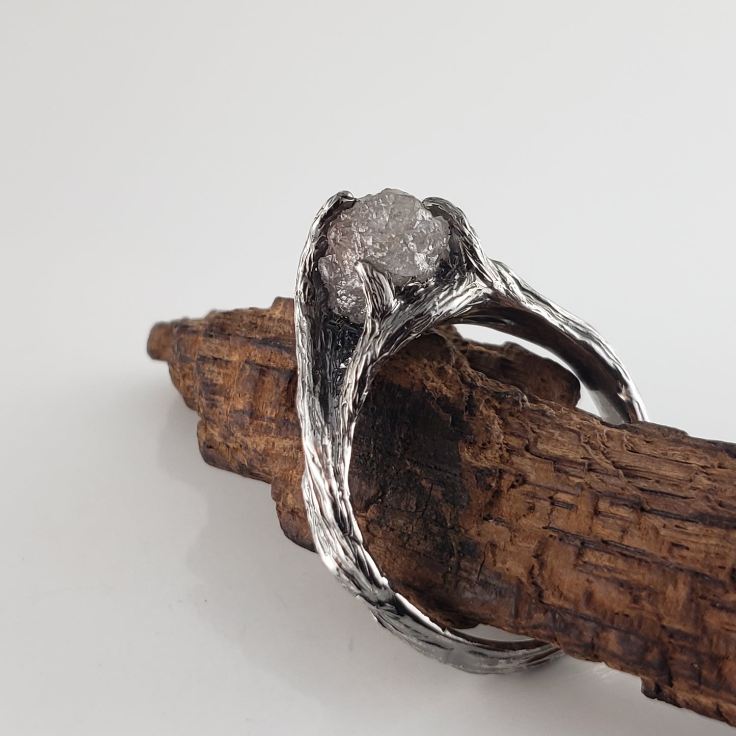 Raw Diamond Ring in Antiqued White Gold – Handmade Rustic Twig Engagement Ring