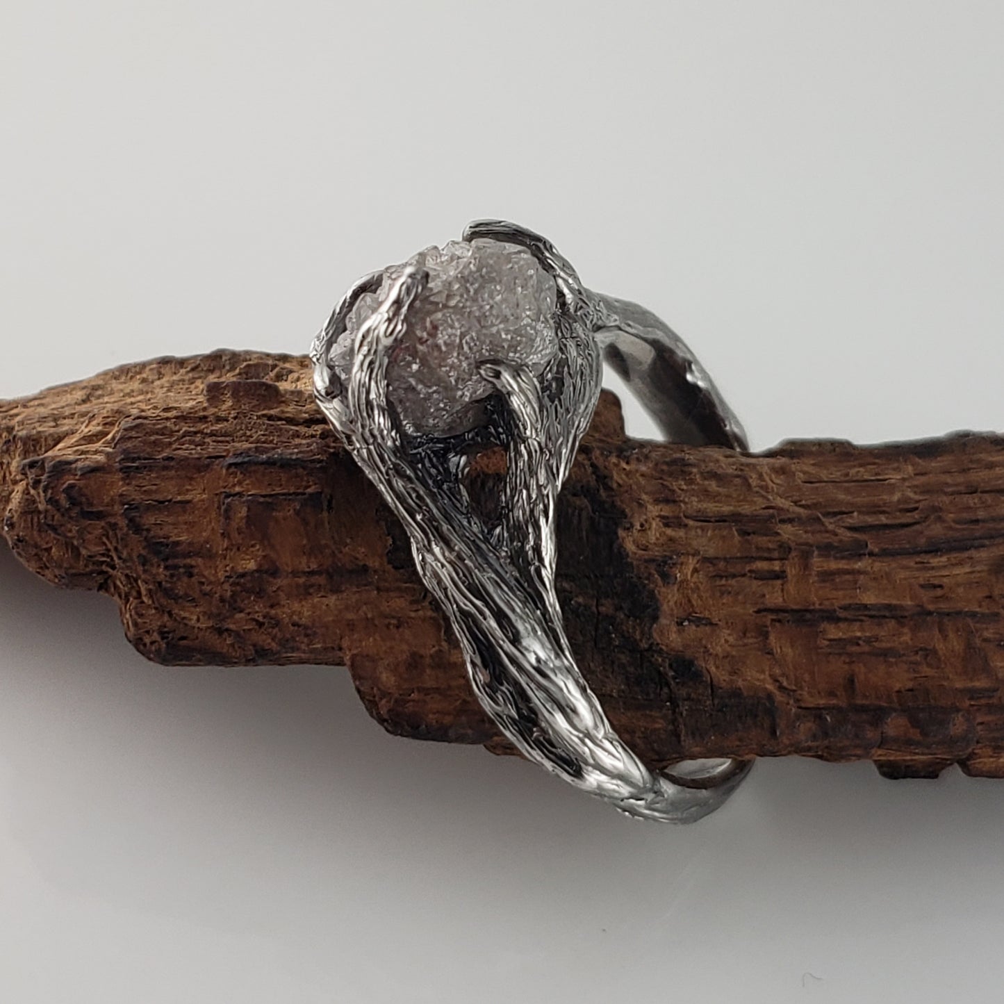 Raw Diamond Ring in Antiqued White Gold – Handmade Rustic Twig Engagement Ring