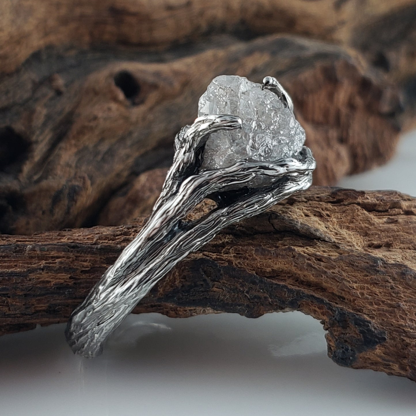 Raw Diamond Ring in Antiqued White Gold – Handmade Rustic Twig Engagement Ring