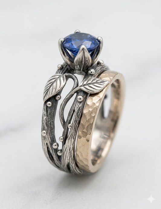 Silver ring with blue gemstone on a white background