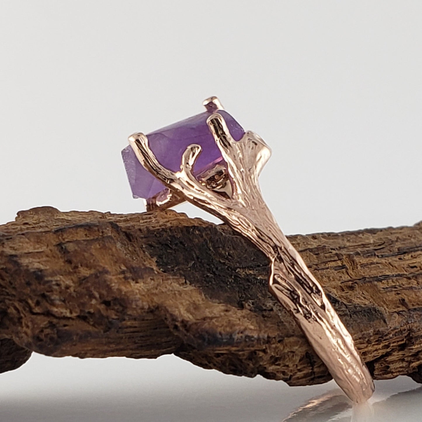 Hand Cut Rough Amethyst 14k Rose Gold Twig Ring, Gemstone Solitaire, Engagement Ring by Dawn Vertrees