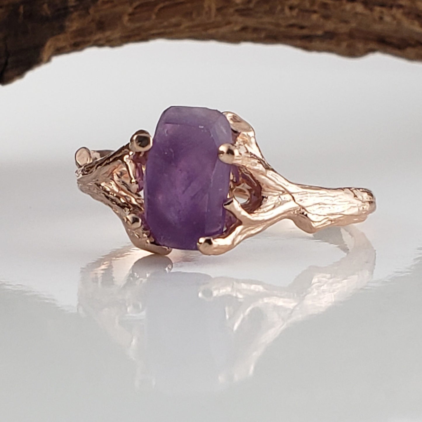 Hand Cut Rough Amethyst 14k Rose Gold Twig Ring, Gemstone Solitaire, Engagement Ring by Dawn Vertrees