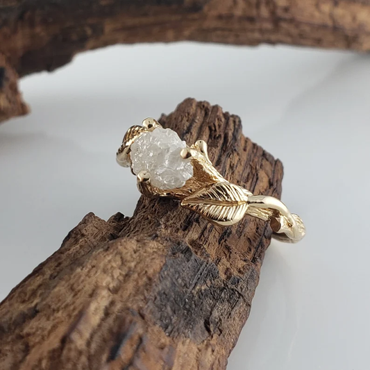 Rough Diamond Solitaire Ring with Leaf and Twig Design