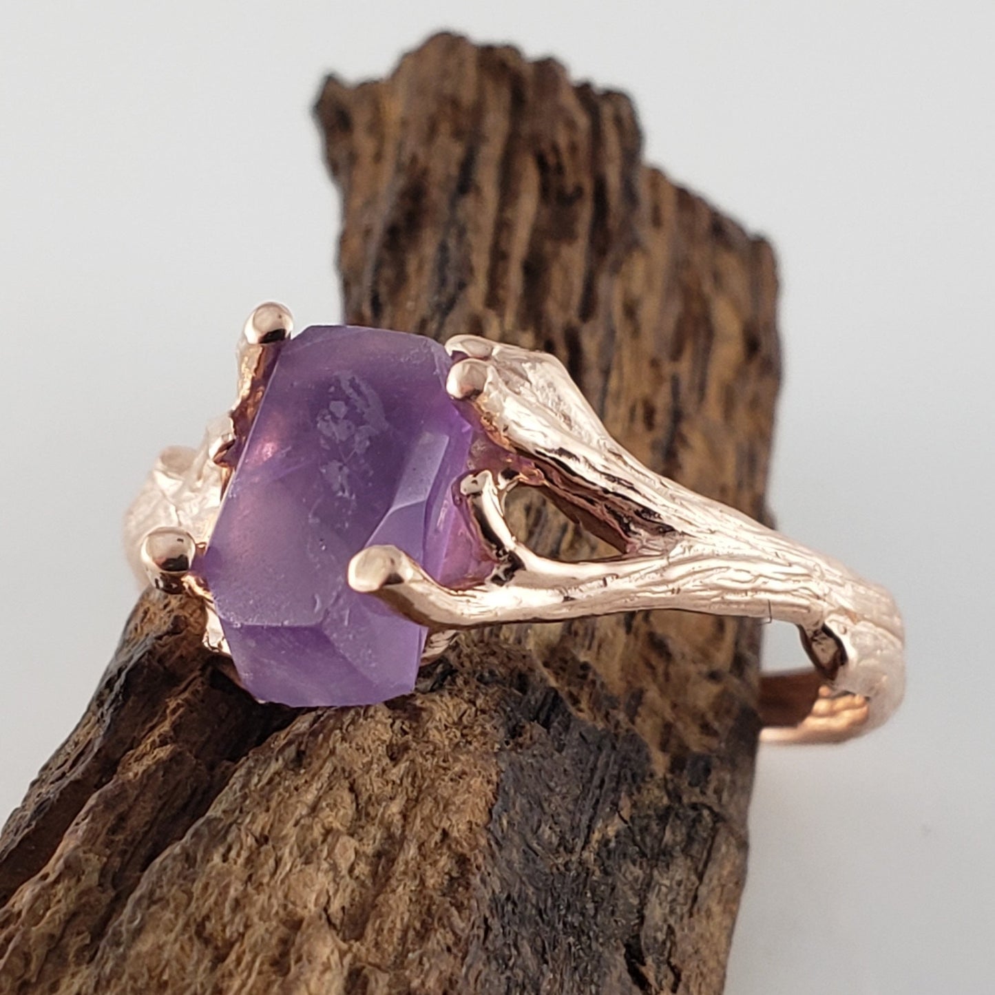 Hand Cut Rough Amethyst 14k Rose Gold Twig Ring, Gemstone Solitaire, Engagement Ring by Dawn Vertrees