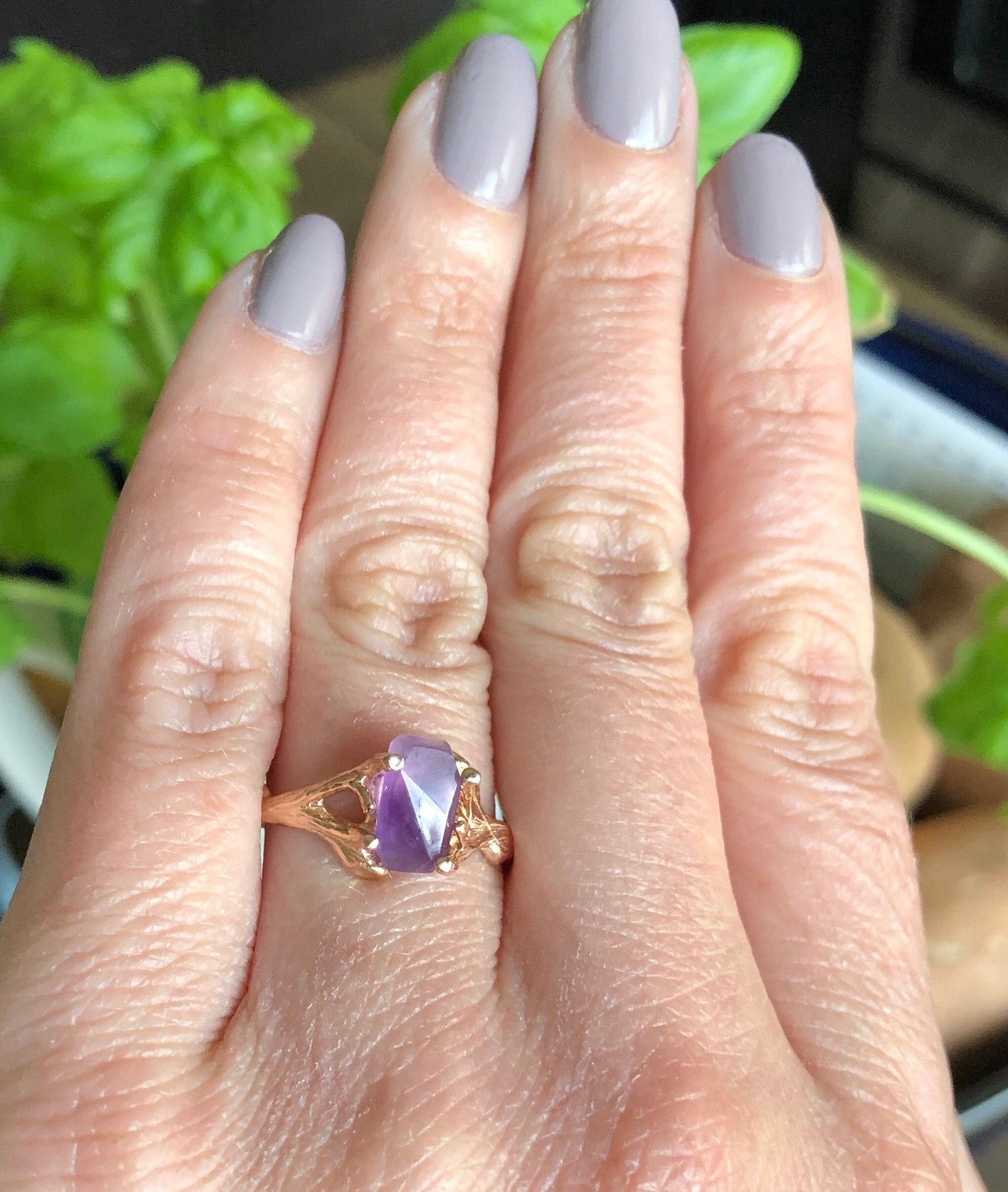 Hand Cut Rough Amethyst 14k Rose Gold Twig Ring, Gemstone Solitaire, Engagement Ring by Dawn Vertrees