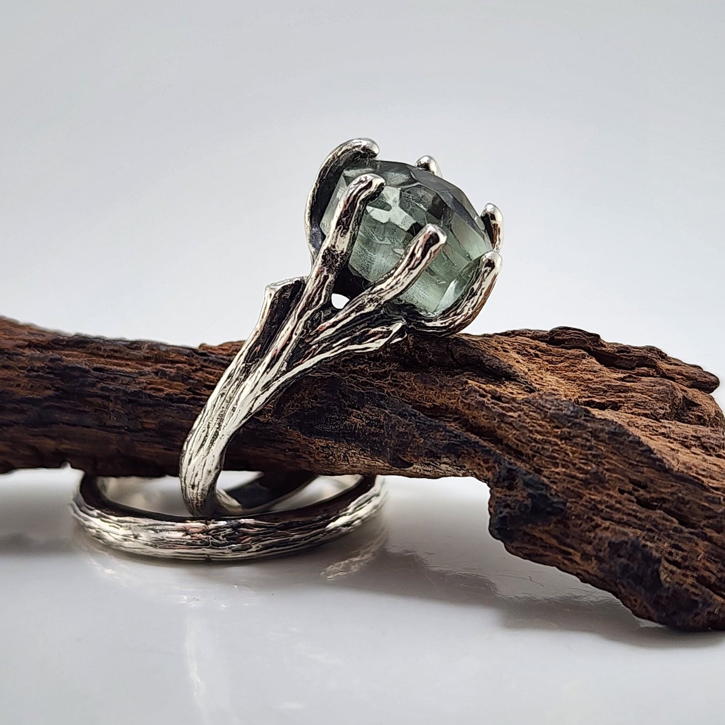 Green Amethyst Sterling Silver Engagement Ring Set by DV Designs