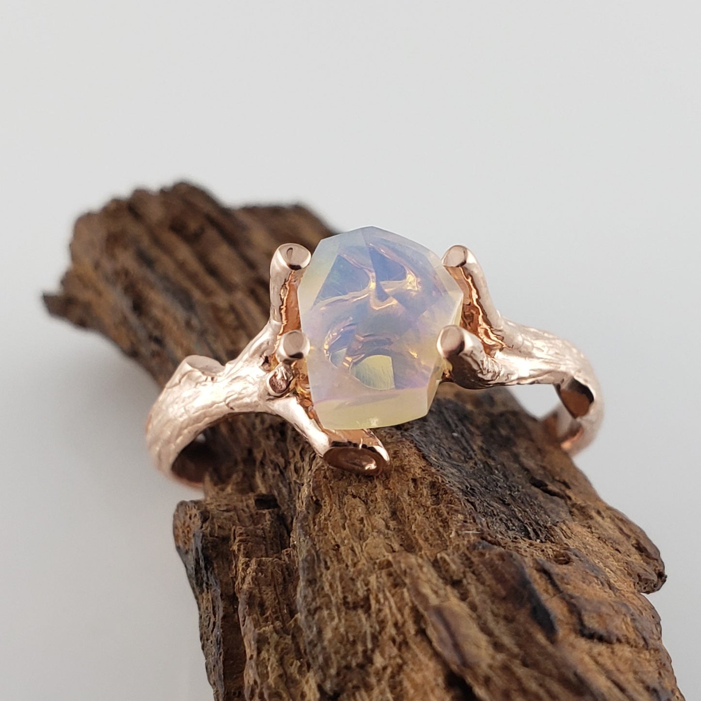 Opal Twig Engagement Ring in 14k Rose Gold, Engagement Ring - Hand Cut Natural Opal Ring - Anniversary Ring